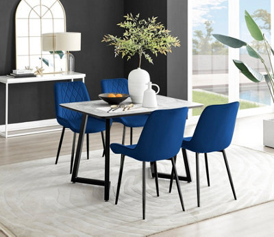 Furniturebox Carson 4 Seater White Marble Effect Rectangular Scratch Resistant Dining Table With 4 Navy Pesaro Velvet Black Leg Chairs - image 1