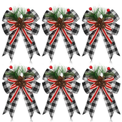 Amorly 6 Pcs Christmas Burlap Bows Black White Buffalo Plaid 5 X 6 Inch, Farmhouse Ribbon For Tree Wreath Garland, Checkered Plaid Bow - image 1