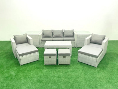 Fimous Rattan Garden Furniture Set Outdoor Lounger Sofa Coffee Table 4 Stools 2 Side Tables Light Grey 9 Seater - image 1