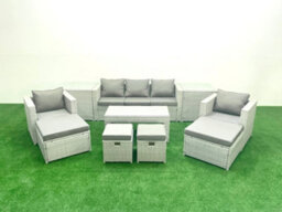 Fimous Rattan Garden Furniture Set Outdoor Lounger Sofa Coffee Table 4 Stools 2 Side Tables Light Grey 9 Seater - thumbnail 2