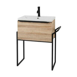 Clifton Bathroom 600mm Wall Mounted Drawer Unit, Ceramic Basin & Frame  Sonoma Oak - (Central) - Brassware Not Included