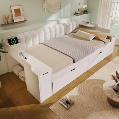Merax 4Ft6 Double Daybed 135 X 190 Cm With Pull-Out Trundle, Mobile Book Cart,  Storage, Usb & Type-C Charging, Sofa Bed, White - image 1