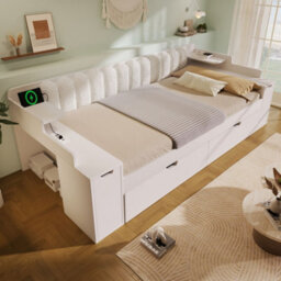 Merax 4Ft6 Double Daybed 135 X 190 Cm With Pull-Out Trundle, Mobile Book Cart,  Storage, Usb & Type-C Charging, Sofa Bed, White - thumbnail 1