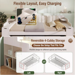Merax 4Ft6 Double Daybed 135 X 190 Cm With Pull-Out Trundle, Mobile Book Cart,  Storage, Usb & Type-C Charging, Sofa Bed, White - thumbnail 7