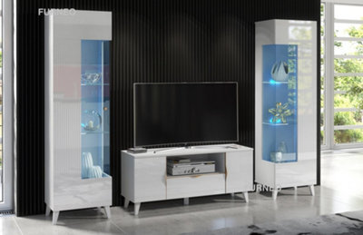 Furneo High Gloss & Matt White Living Room Set Tv Stand Display Cabinets Azzurro 8/12 Blue Led Lights - image 1