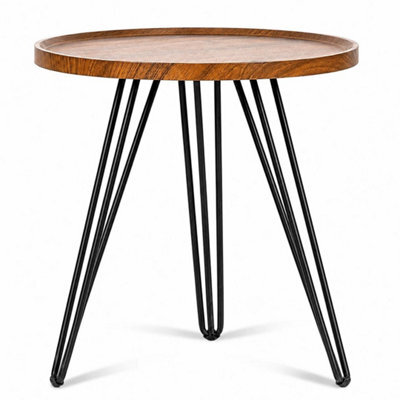 Modern Round Side Table Brown Wooden Top Black Metal Legs - image 1