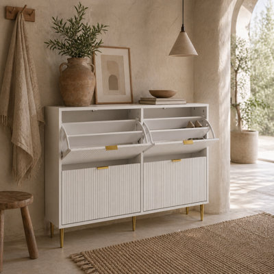 Wyld Haus Rokake 4-Drawer White Shoe Cabinet - Ribbed Fronts, Gold Accents, Slim Profile - image 1