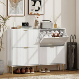 Wyld Haus Rokake 4-Drawer White Shoe Cabinet - Ribbed Fronts, Gold Accents, Slim Profile - thumbnail 3
