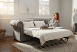 Chesterfield Handmade 3 Seater Sofa Bed Velluto Hessian Mink Fabric In Classic Style - thumbnail 3