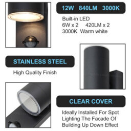 Long Life Lamps Company 12W Black Led Double Outdoor Wall With Pir Movement Sensor Stainless Steel Warm White Zlc348Bsen - thumbnail 8