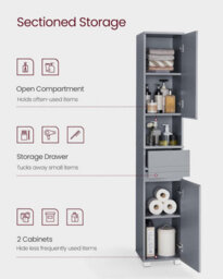 Songmics Bathroom Storage Cupboard, Narrow Cabinet, Bathroom Storage Organizer, With Drawer, Adjustable Shelves, Mystic Grey - thumbnail 3