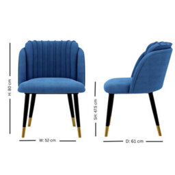 Life Interiors Single Blue Milano Velvet Dining Chair With Stylish Ribbed Back Design, Black Metal Legs With Gold Tips - thumbnail 6
