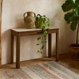 Wyld Haus Cork Cream Ceramic Console Table With Oak Veneer Base And 1 Drawer