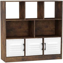 Urbn-Living Urbnliving Asymmetrical 8 Cube Rustic Brown Bookcase Freestanding Storage Unit With 3 Metal Doors - White - thumbnail 1