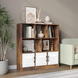 Urbn-Living Urbnliving Asymmetrical 8 Cube Rustic Brown Bookcase Freestanding Storage Unit With 3 Metal Doors - White - thumbnail 2