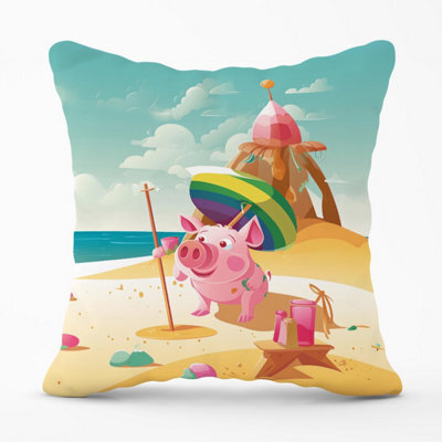 Warren Reed Designer Piglet On A Beach Holiday Outdoor Cushion 45Cm X 45Cm - image 1