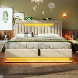 Super King Linen Hydraulic Storage Bed With Led, Usb-C & Headboard - thumbnail 9