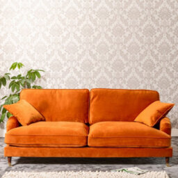 Mackenzie 207Cm Wide Burnt Orange 4 Seat Velvet Fabric Sofa With Brass Coloured Wheel Tipped Walnut Coloured Wooden Legs