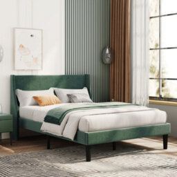 BTM Double Bed Velvet Dark Green 4Ft6 Upholstered Bed With Winged Headboard, Wood Slat Support