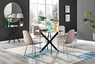 Furniturebox Uk Novara Black Leg Round Glass Dining Table & 4 Cappuccino Corona Silver Chairs - image 1