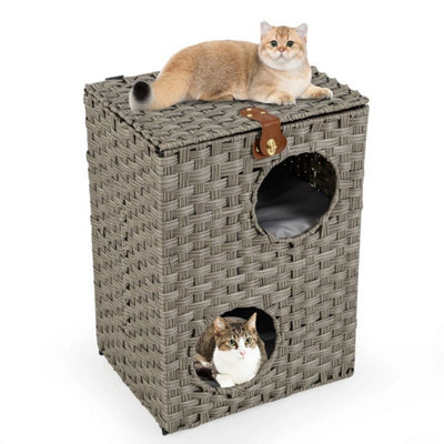 Rattan Cat House For Indoor 2 Tier Cat Condo W/ Cushions - image 1
