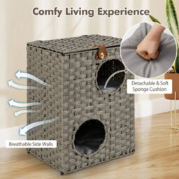Rattan Cat House For Indoor 2 Tier Cat Condo W/ Cushions - thumbnail 6