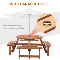 Outsunny 8 Seat Outdoor Wooden Picnic Table With Bench, Parasol Hole, Brown - thumbnail 4