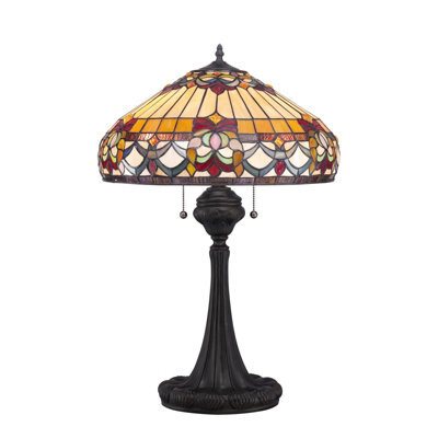 Vintage Tiffany Style 2 Bulb Table Lamp With Coloured Glass And Bronze Base