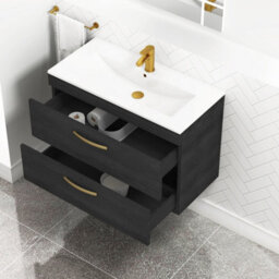 Royal Bathrooms Turin Hale Black 800mm Wall Hung Vanity Unit 2 Drawer With Minimalist Basin Sink & Brushed Brass Handles - thumbnail 5
