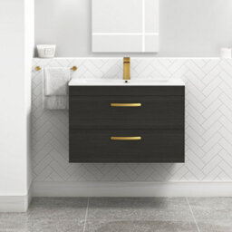 Royal Bathrooms Turin Hale Black 800mm Wall Hung Vanity Unit 2 Drawer With Minimalist Basin Sink & Brushed Brass Handles