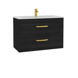 Royal Bathrooms Turin Hale Black 800mm Wall Hung Vanity Unit 2 Drawer With Minimalist Basin Sink & Brushed Brass Handles - thumbnail 6