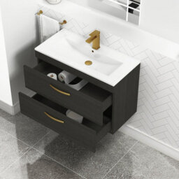 Royal Bathrooms Turin Hale Black 800mm Wall Hung Vanity Unit 2 Drawer With Minimalist Basin Sink & Brushed Brass Handles - thumbnail 3