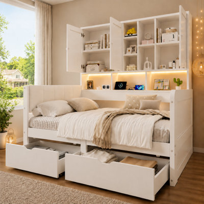 Single Storage Bed With Overbed Cabinets, Drawers, Rgb Led And Usb Charging Station - image 1