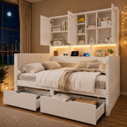 Single Storage Bed With Overbed Cabinets, Drawers, Rgb Led And Usb Charging Station - thumbnail 2