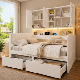 Single Storage Bed With Overbed Cabinets, Drawers, Rgb Led And Usb Charging Station - thumbnail 1
