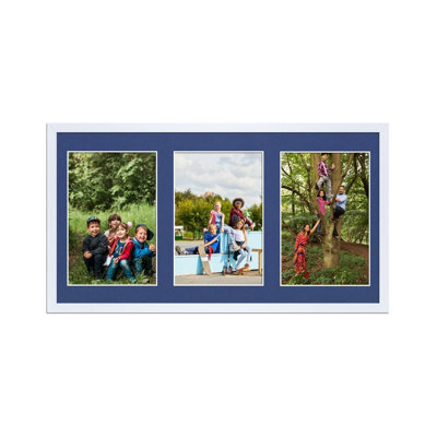 AK Frames 40X20Cm White Sleek Multi Photo Frame With Blue Mount - Holds 3 Apertures (3X) 6X4 Photos - image 1
