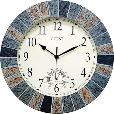Ocest 13 Inch Garden Clocks Outdoor Waterproof, Large Retro Wall Clock With Thermometer Battery Operated Non Ticking Decorative