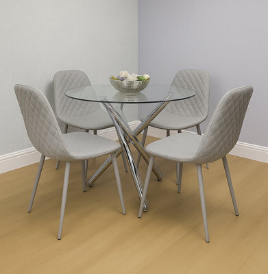 Kosy Koala Round Clear Glass Dining Table With 4 Grey Gem Pattern Chairs Dining Room Furnitre - image 1