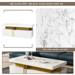 Abrihome 100X50X40Cm, Modern White Rectangular Coffee Table With Marble Pattern(Triamine Board) Top And 2 Wooden Drawers - thumbnail 4
