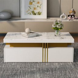 Abrihome 100X50X40Cm, Modern White Rectangular Coffee Table With Marble Pattern(Triamine Board) Top And 2 Wooden Drawers - thumbnail 1