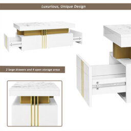 Abrihome 100X50X40Cm, Modern White Rectangular Coffee Table With Marble Pattern(Triamine Board) Top And 2 Wooden Drawers - thumbnail 2