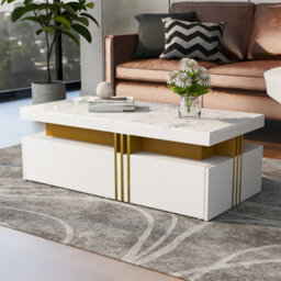 Abrihome 100X50X40Cm, Modern White Rectangular Coffee Table With Marble Pattern(Triamine Board) Top And 2 Wooden Drawers - thumbnail 9