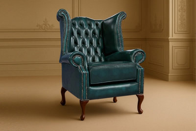 Somnior Beds Chesterfield Blue Leather Wingback Chair Scrolled Arms Manufactured In Uk - image 1