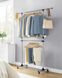 LEDREM Adjustable Garment Rack Clothes Hanging Rail Stand With Middle Rail - Stainless Steel Clad Pipe - thumbnail 3