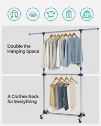 LEDREM Adjustable Garment Rack Clothes Hanging Rail Stand With Middle Rail - Stainless Steel Clad Pipe - thumbnail 9