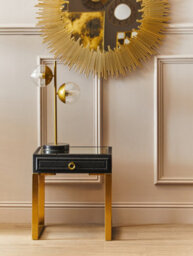 Orsina 1 Drawer Faux Shagreen Side Table, Black Faux Leather Shagreen Texture, Gold Legs And Knocker Style Handle - thumbnail 2