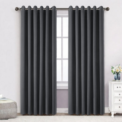 Bedlooms Charcoal Linen Curtain 100% Blackout Thermal Insulated Eyelet Curtain (Pair) 66 X 72 Inches With Tie Back Two - image 1