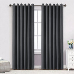 Bedlooms Charcoal Linen Curtain 100% Blackout Thermal Insulated Eyelet Curtain (Pair) 66 X 72 Inches With Tie Back Two