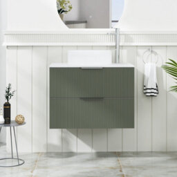 Royal Bathrooms Evora 700mm Sage Green Fluted Wall Hung Countertop Vanity Unit 2 Drawer With Round Basin - thumbnail 1
