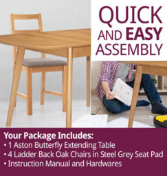 Hallowood Furniture Aston Butterfly Extending Table With 4 Ladder Back Oak Chairs In Steel Grey Seat Pad - thumbnail 7